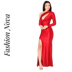 FashionNova Red One-Shoulder Cocktail Maxi Dress